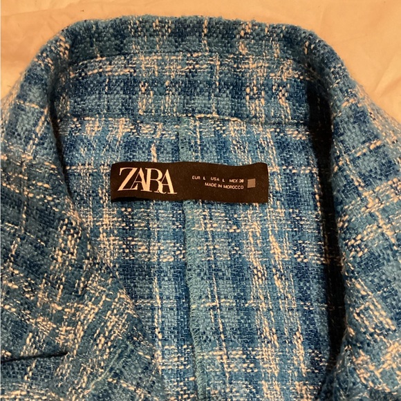 ZARA BLUE TWEED CROPPED LONG SLEEVE RHINESTONE BUTTON OVERSIZED JACKET SZ. L - Picture 12 of 15